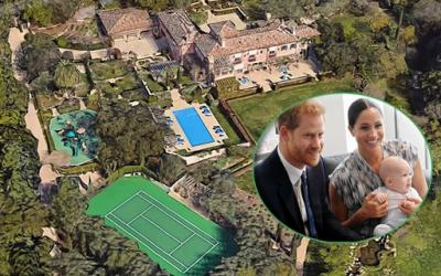 Imagens da nova mansão de Meghan e Harry, avaliada em R$ 80 milhões, mostram quadra de tênis e piscina em terreno de 21 mil m²