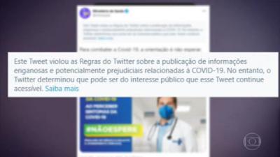 Twitter faz alerta em post do Ministério da Saúde de informação enganosa