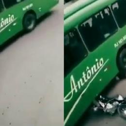 Acidente de trânsito surpreendente entre uma moto e um ônibus