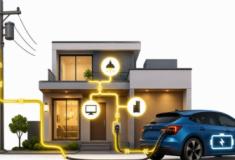 Carros alimentando casas e a rede elétrica.