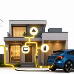 Carros alimentando casas e a rede elétrica.